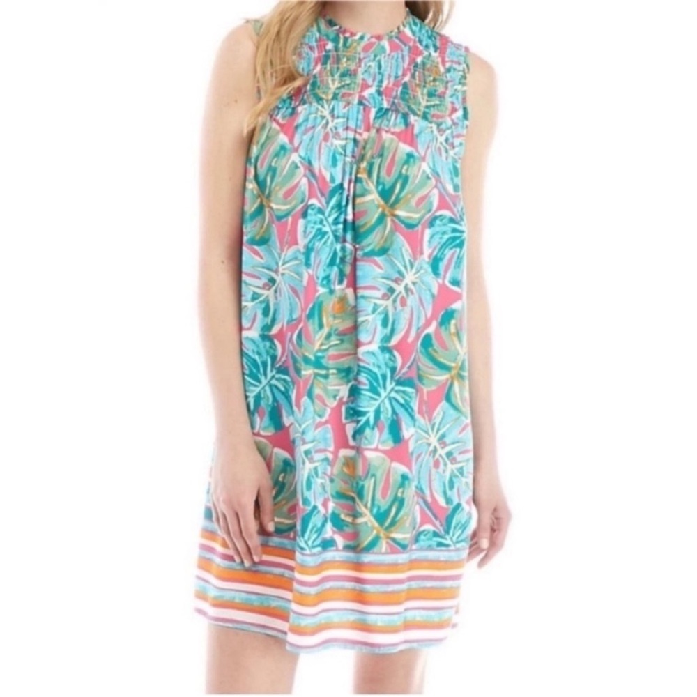 Crown & Ivy shift dress pink blue tropical palm leaf smocked sleeveless